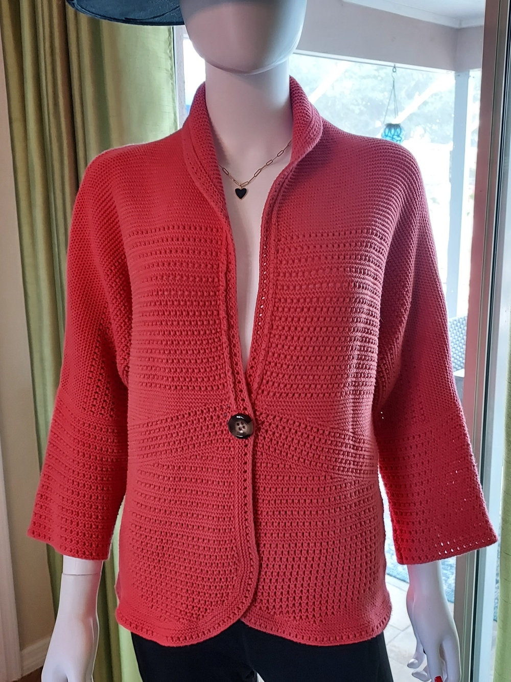 Jones New York Coral Open-Stitch Single-Button Cardigan: Sz L